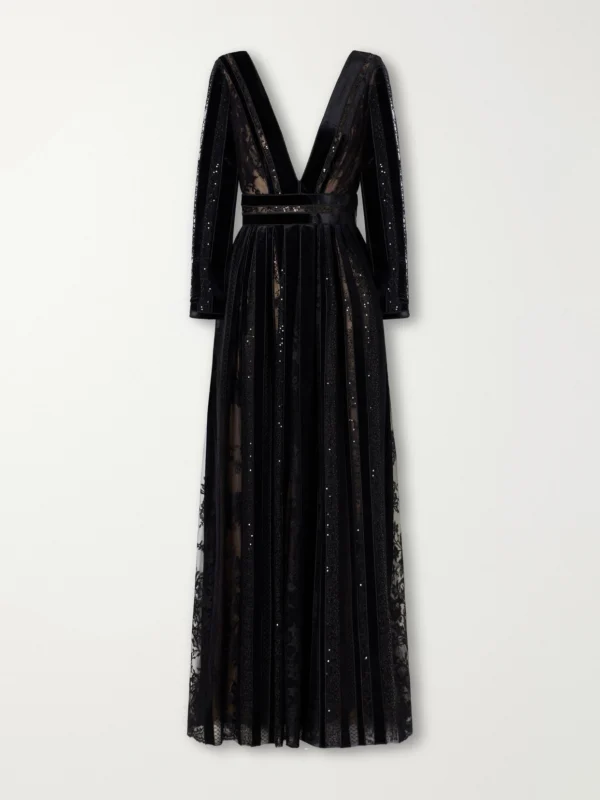 Costarellos Malena Sequin-embellished Velvet-trimmed Lace Gown