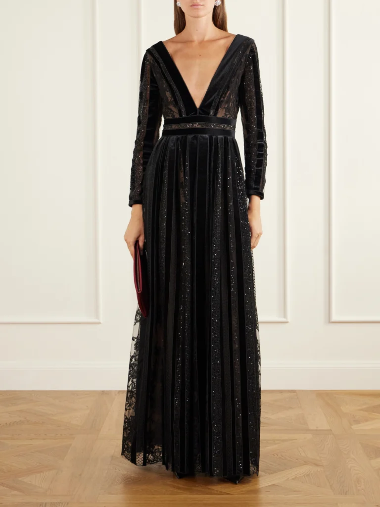 Costarellos Malena Sequin-embellished Velvet-trimmed Lace Gown