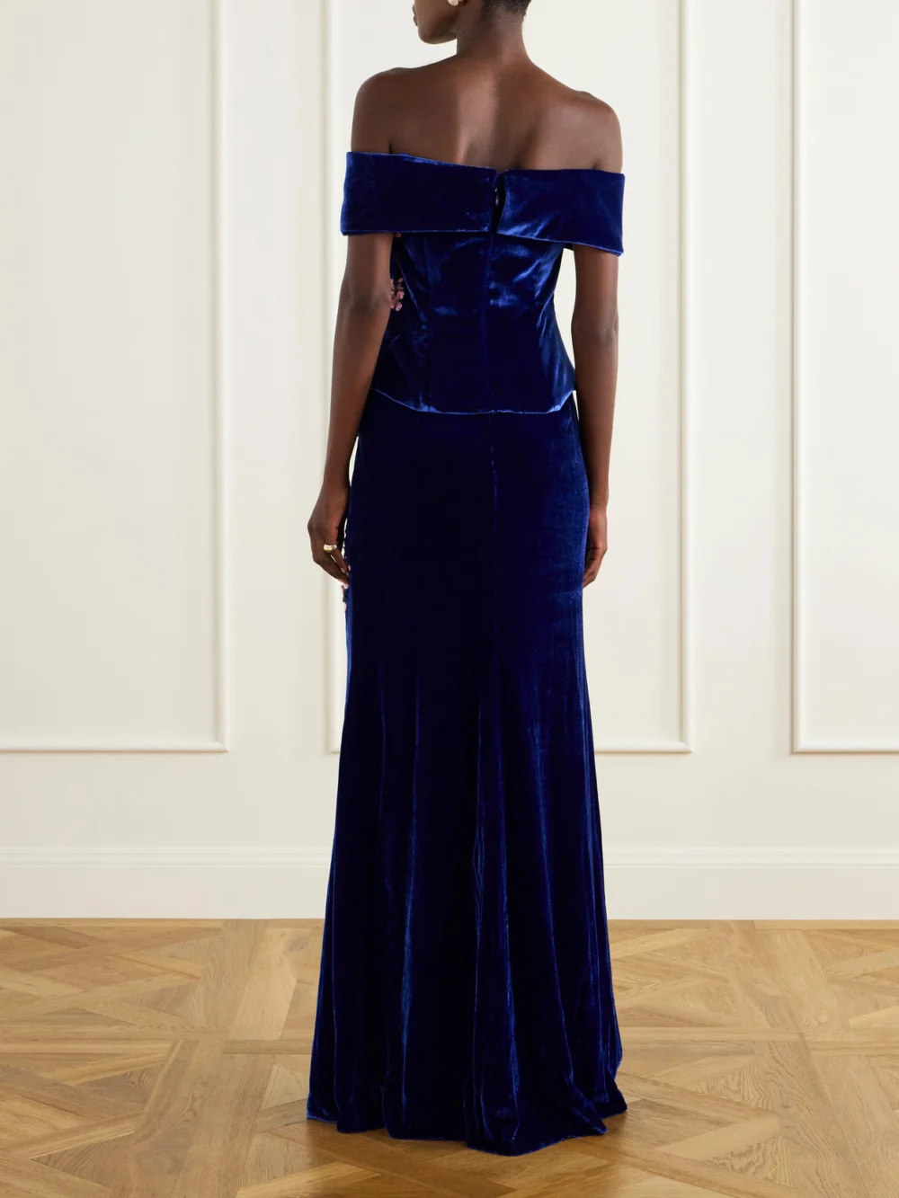 Back view of the Costarellos Rielle Flower-appliqué Off-shoulder Velvet Gown