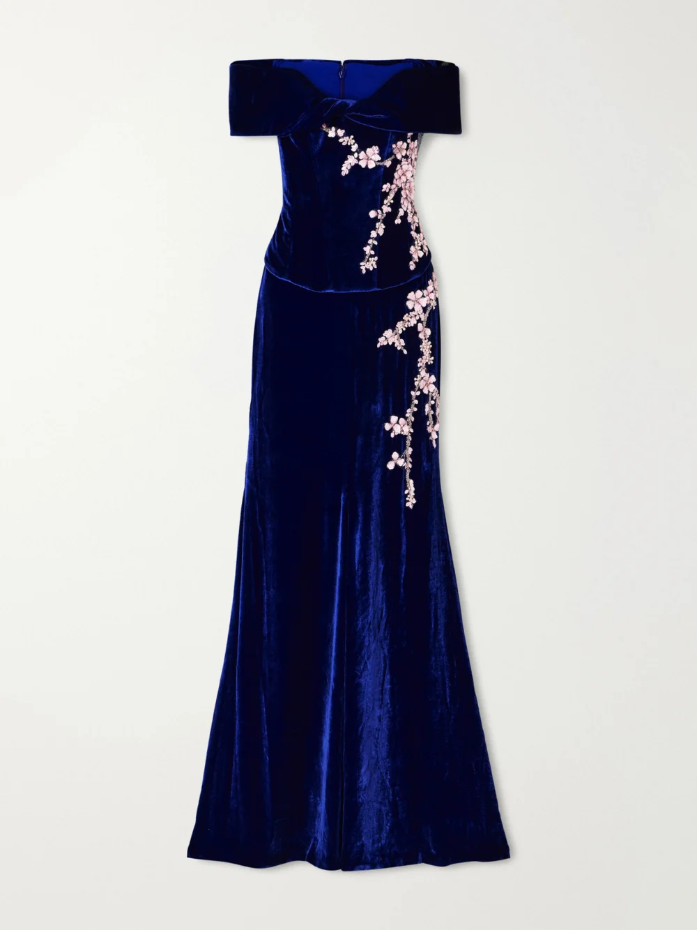 Costarellos Rielle Flower-appliqué Off-shoulder Velvet Gown in blue