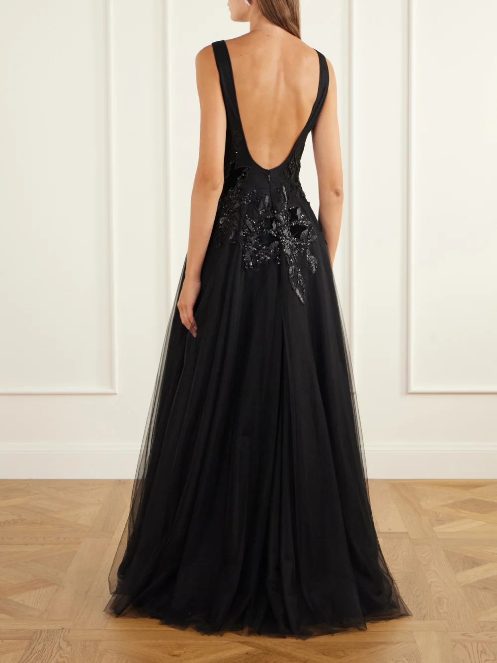 Back view of the Costarellos Vianna Embellished Velvet-trimmed Tulle Gown