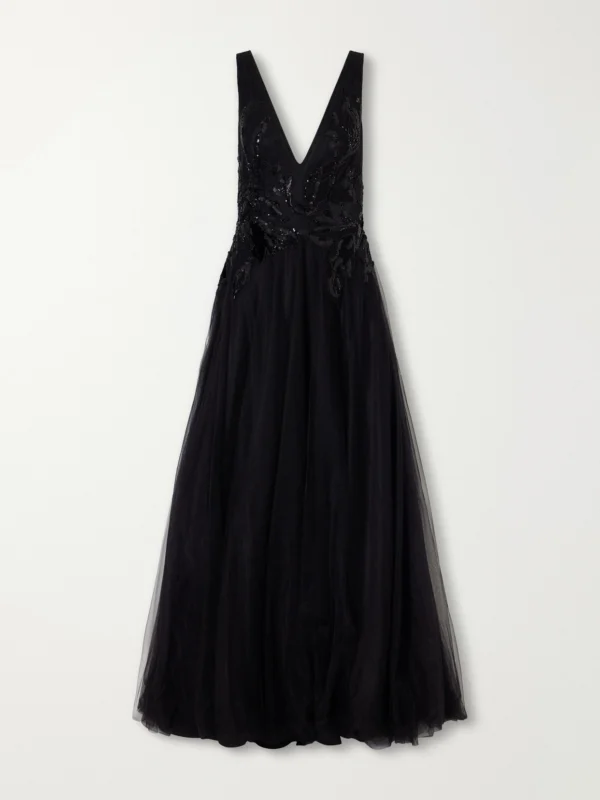 Costarellos Vianna Embellished Velvet-trimmed Tulle Gown
