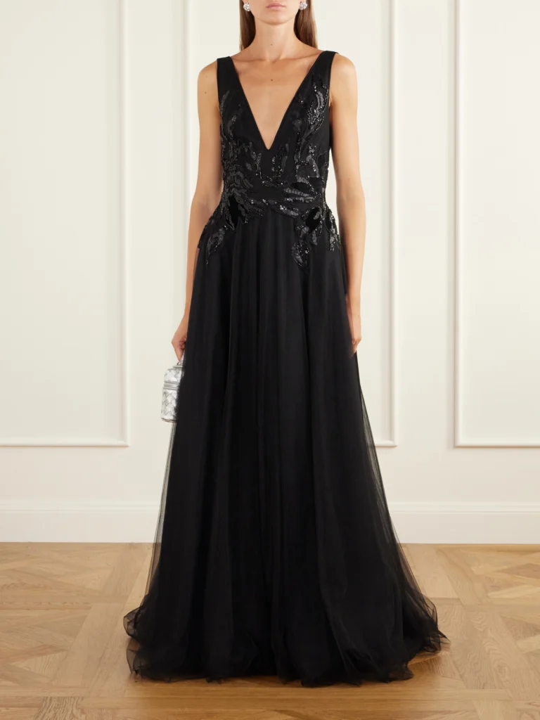 Costarellos Vianna Embellished Velvet-trimmed Tulle Gown
