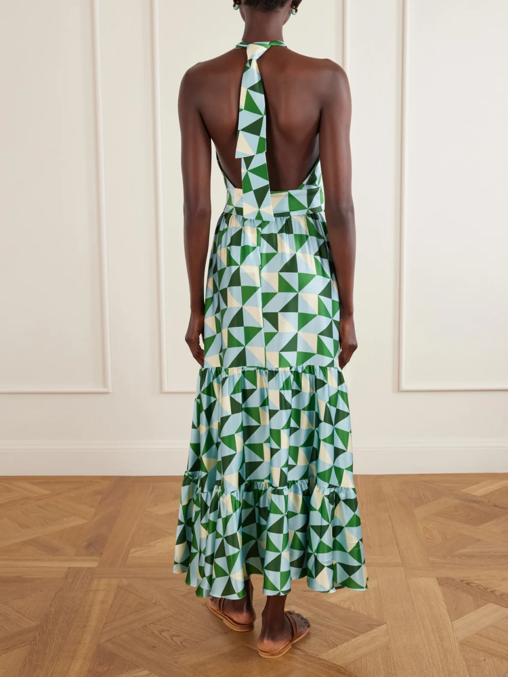 Back view of the Cristiano Marcheli Anna Printed Silk-blend Satin Halterneck Maxi Dress