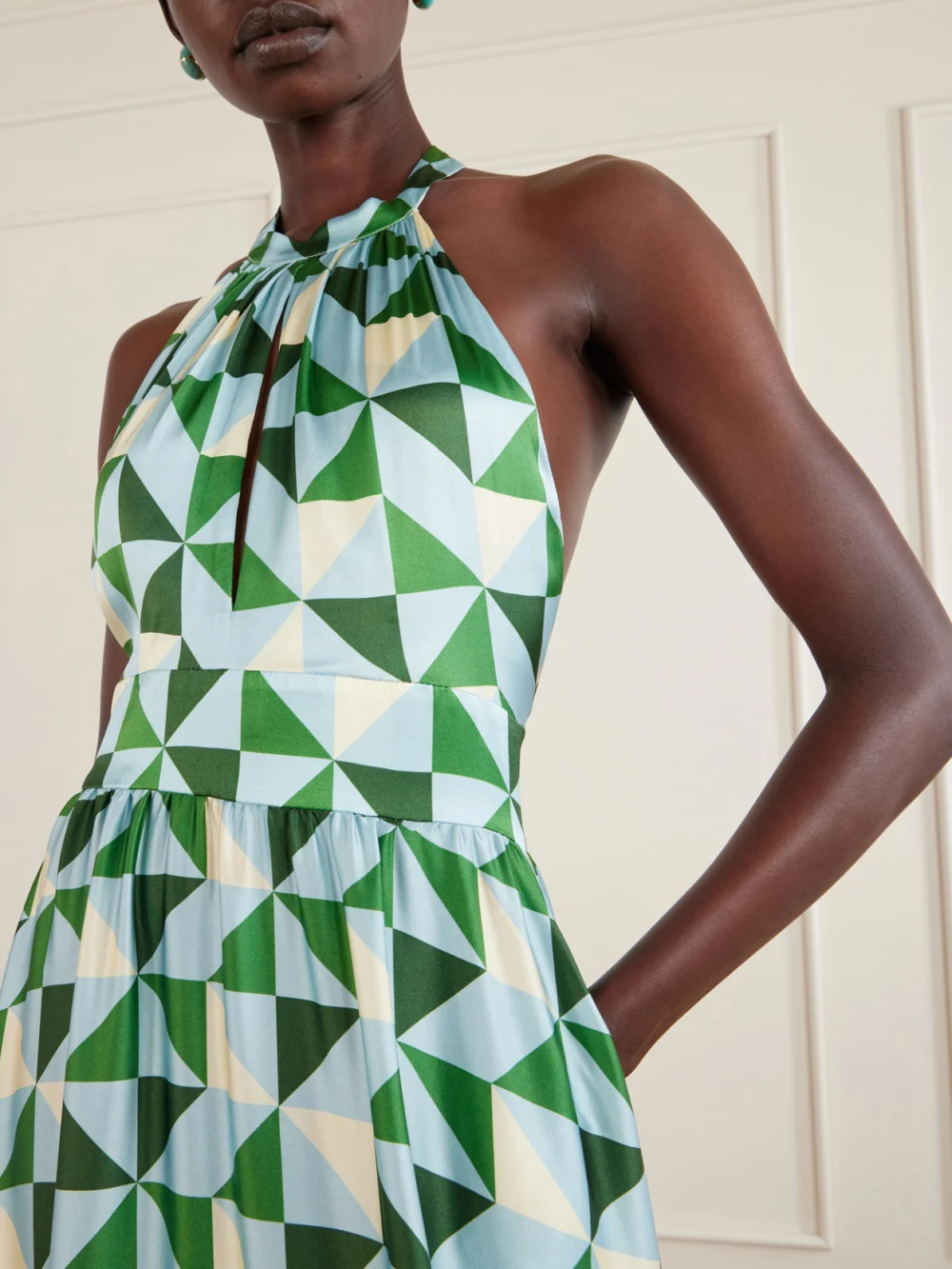 Close-up detail of the Cristiano Marcheli Anna Printed Silk-blend Satin Halterneck Maxi Dress