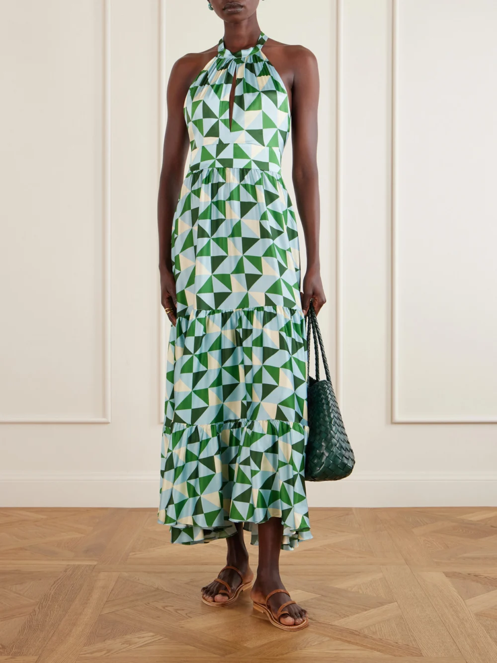 Cristiano Marcheli Anna Printed Silk-blend Satin Halterneck Maxi Dress, worn by a model