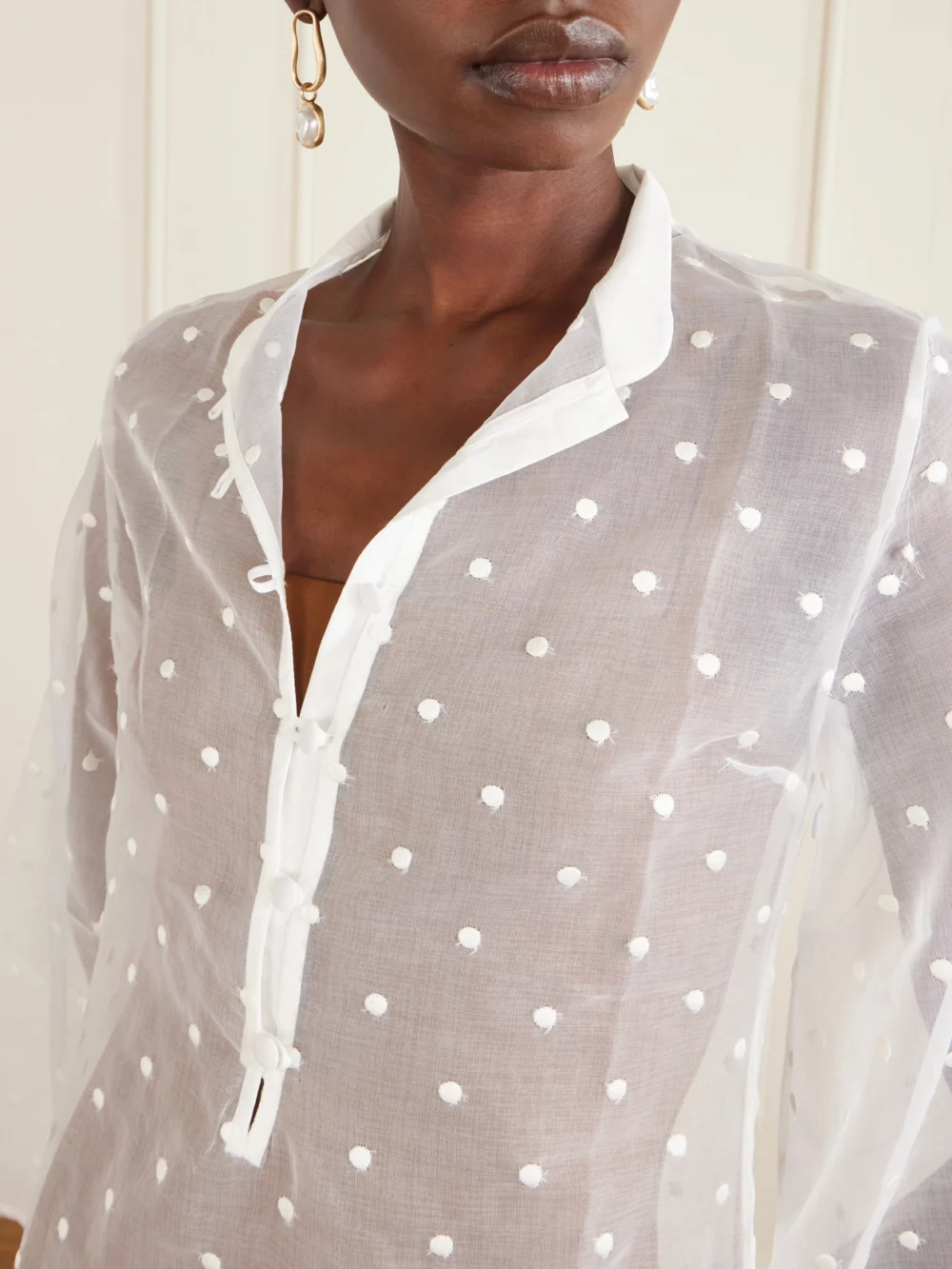 Close-up detail of the Cristiano Marcheli Bianca Swiss-dot Organza Cover-up