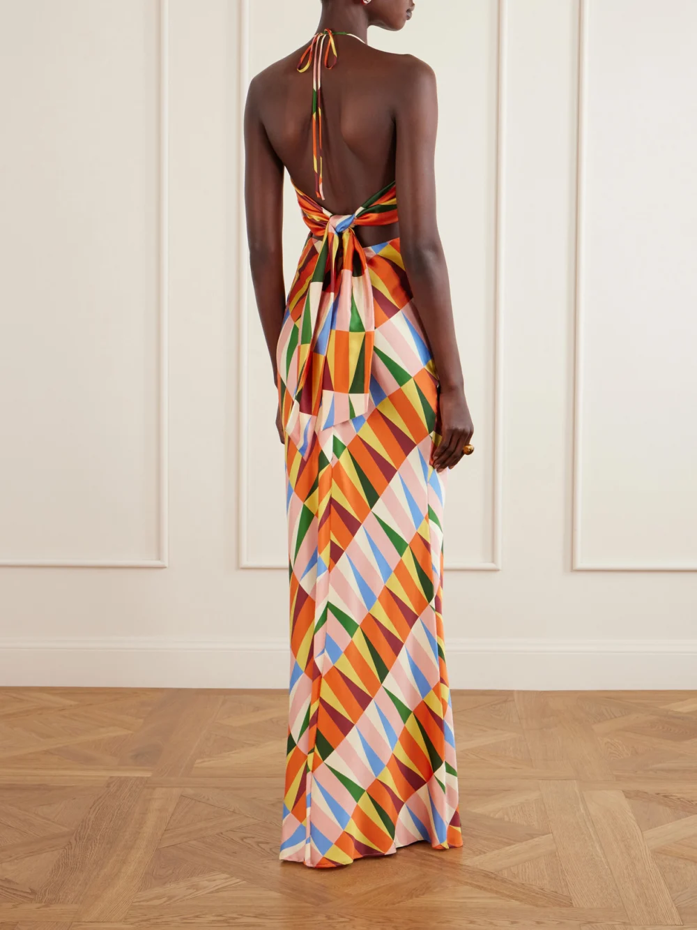 Back view of the Cristiano Marcheli Caterina Printed Silk-blend Satin Halterneck Maxi Dress