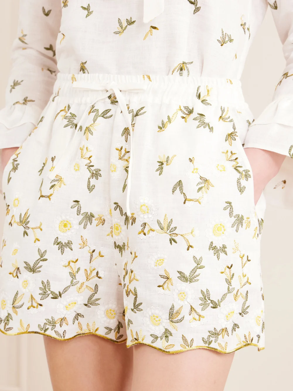 Close-up detail of the Cristiano Marcheli Elena Floral-embroidered Linen Drawstring Shorts
