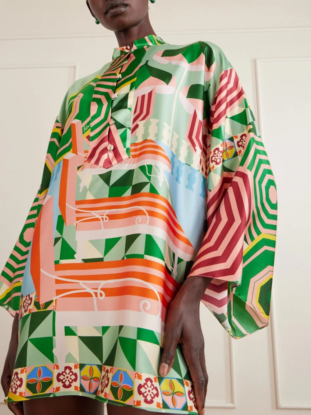 Close-up detail of the Cristiano Marcheli Maria Printed Silk-blend Satin Coverup
