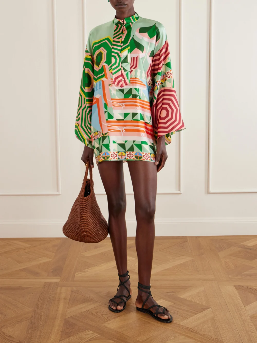 Cristiano Marcheli Maria Printed Silk-blend Satin Coverup, worn by a model