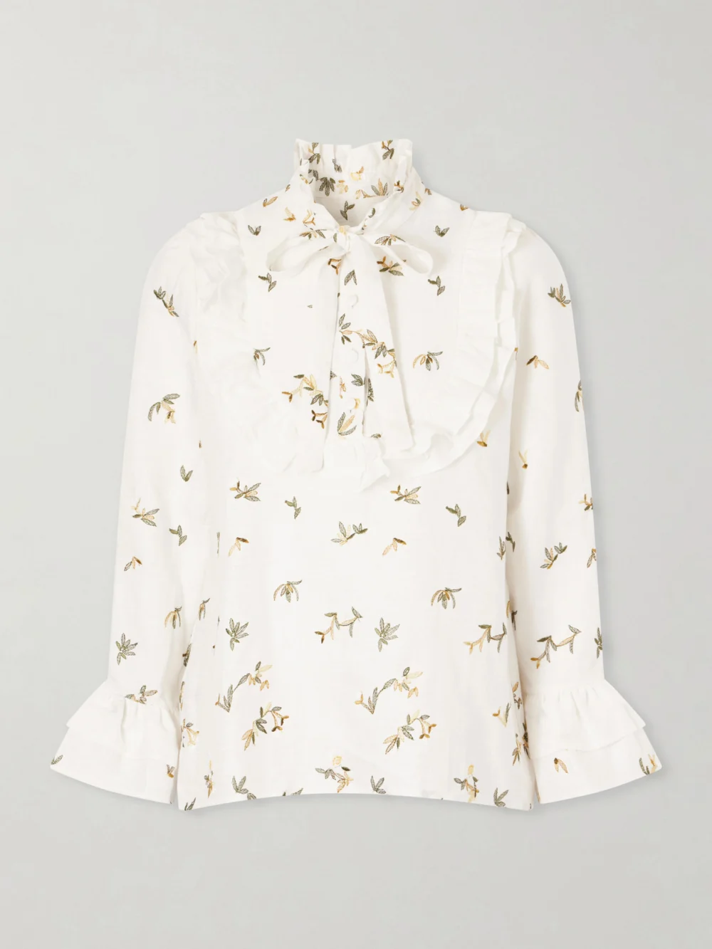 Cristiano Marcheli Valeria Ruffled Embroidered Linen Blouse in white
