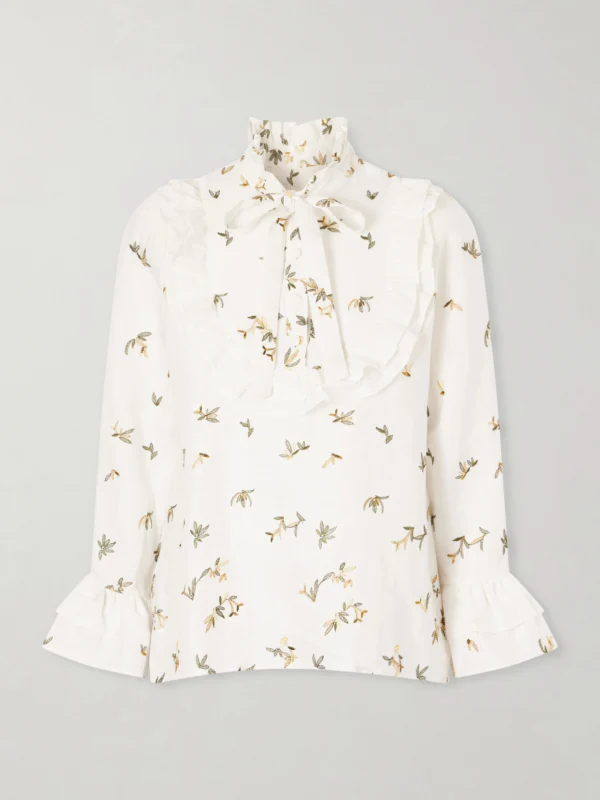 Cristiano Marcheli Valeria Ruffled Embroidered Linen Blouse