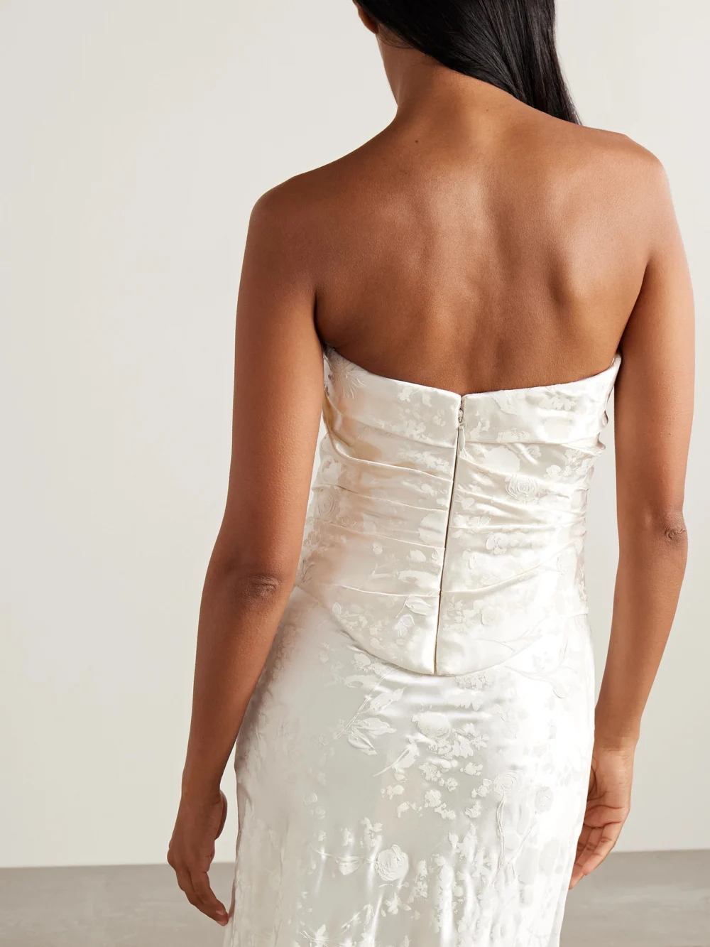Back view of the Danielle Frankel Demi Strapless Draped Painted Silk and Wool-blend Satin Bustier Top