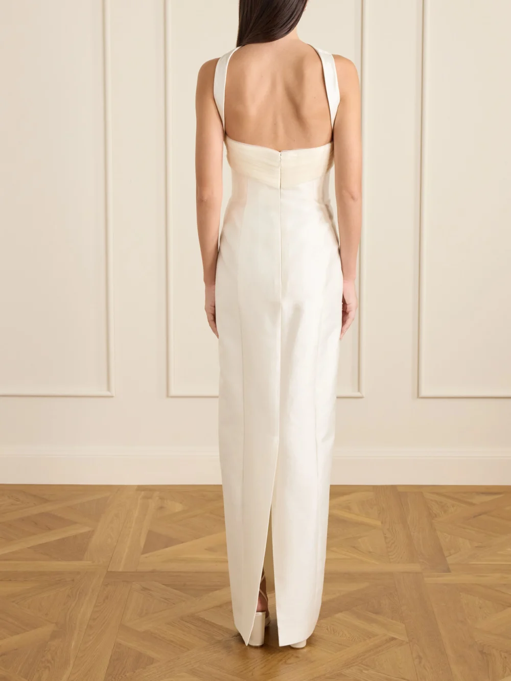 Back view of the Danielle Frankel Lette Tulle-trimmed Wool and Silk-blend Twill Gown