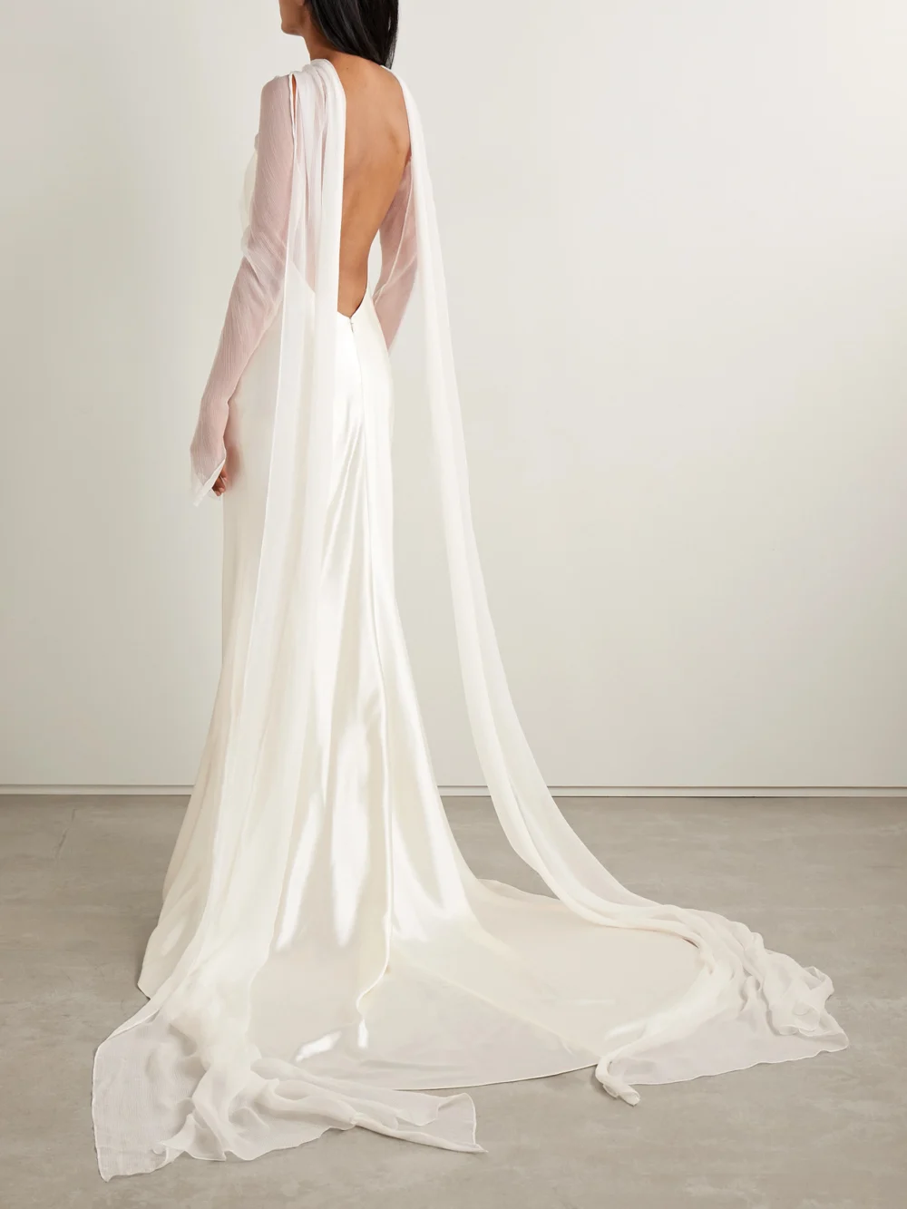 Back view of the Danielle Frankel Mari Convertible Cape-effect Silk and Wool-blend Satin and Silk-crepon Gown