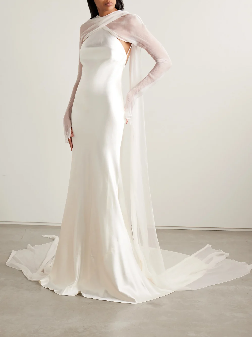 Danielle Frankel Mari Convertible Cape-effect Silk and Wool-blend Satin and Silk-crepon Gown, worn by a model