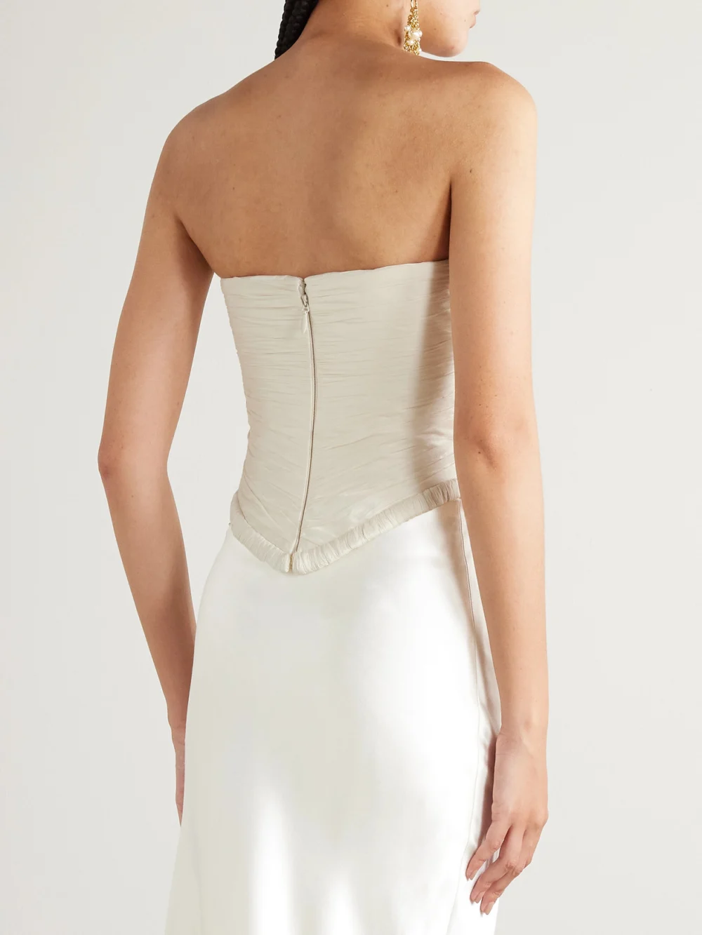 Back view of the Danielle Frankel Priscilla Strapless Gathered Taffeta Bustier Top