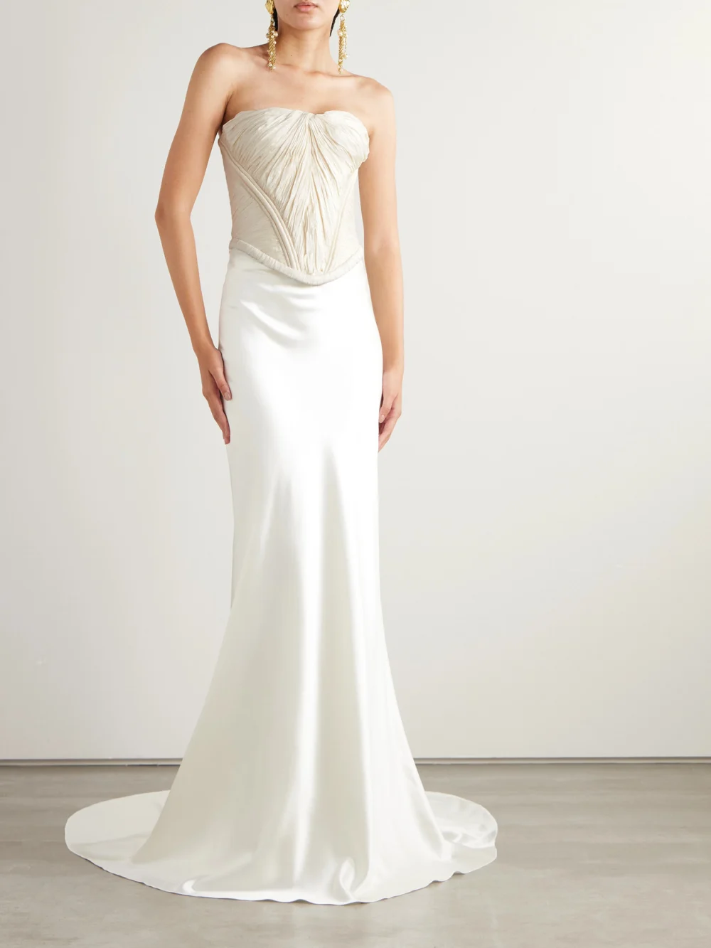 Danielle Frankel Priscilla Strapless Gathered Taffeta Bustier Top, worn by a model