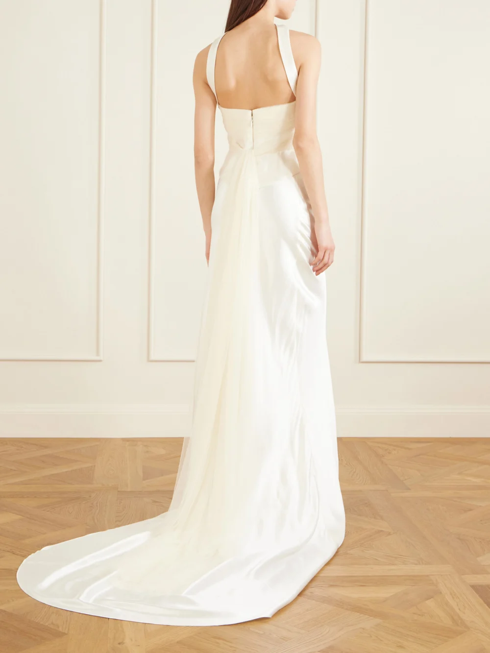 Back view of the Danielle Frankel Viola Gathered Draped Tulle-trimmed Wool and Silk-blend Twill Top