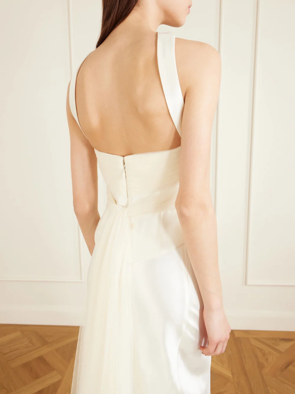 Close-up detail of the Danielle Frankel Viola Gathered Draped Tulle-trimmed Wool and Silk-blend Twill Top