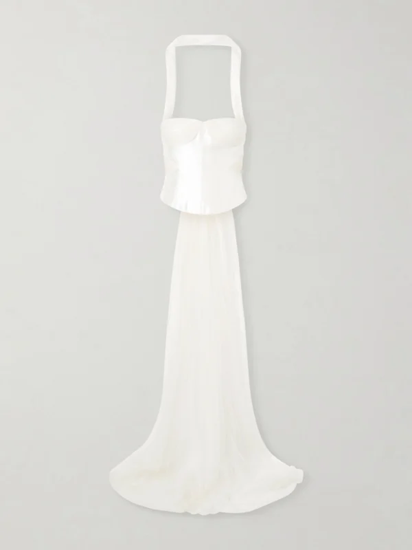Danielle Frankel Viola Gathered Draped Tulle-trimmed Wool and Silk-blend Twill Top
