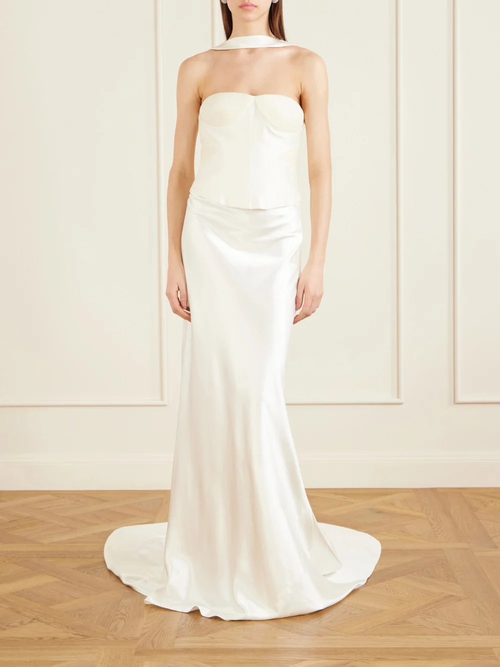 Danielle Frankel Viola Gathered Draped Tulle-trimmed Wool and Silk-blend Twill Top, worn by a model