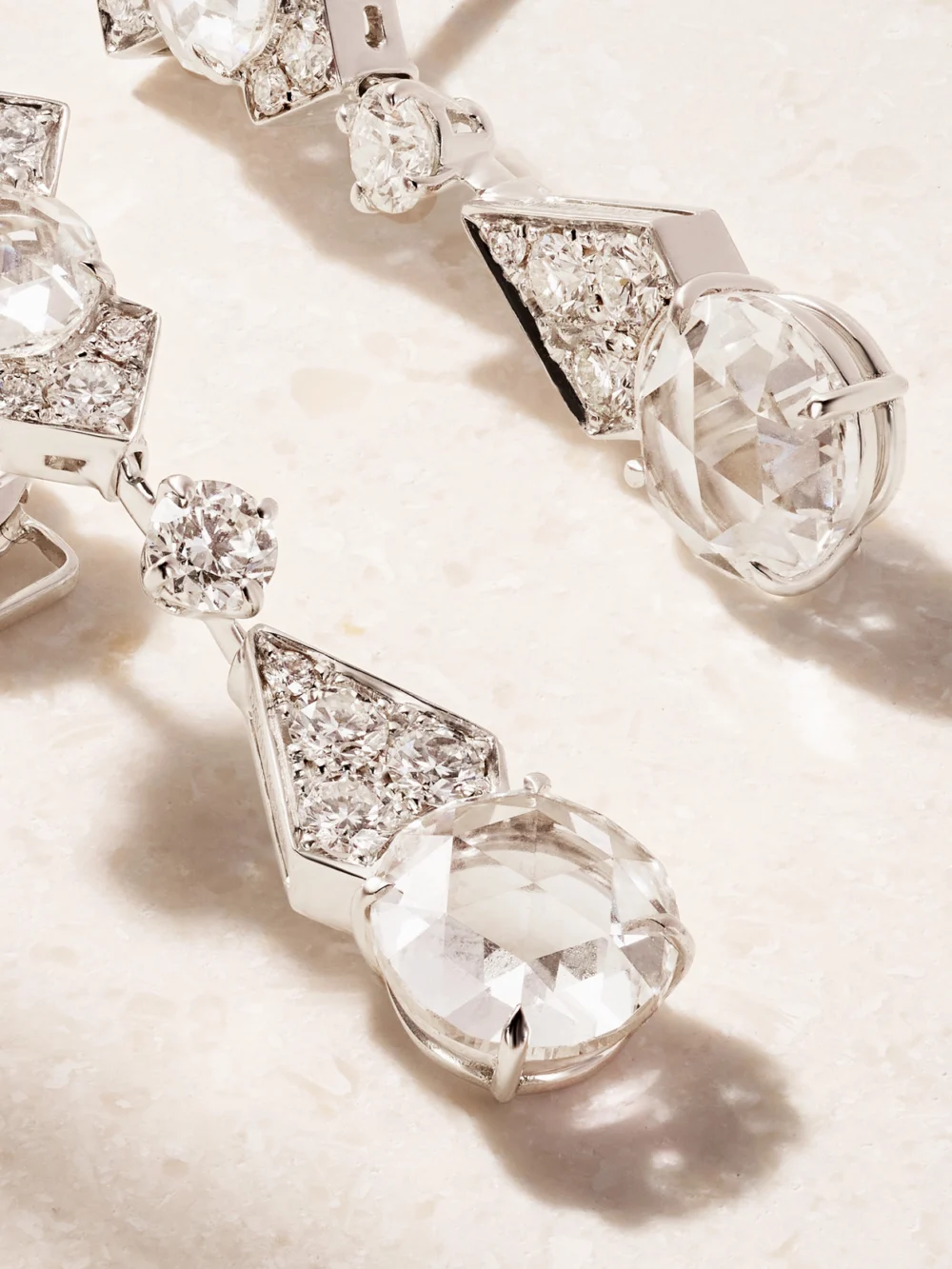 Close-up detail of the David Morris Sempertino 18-karat White Gold Diamond Earrings
