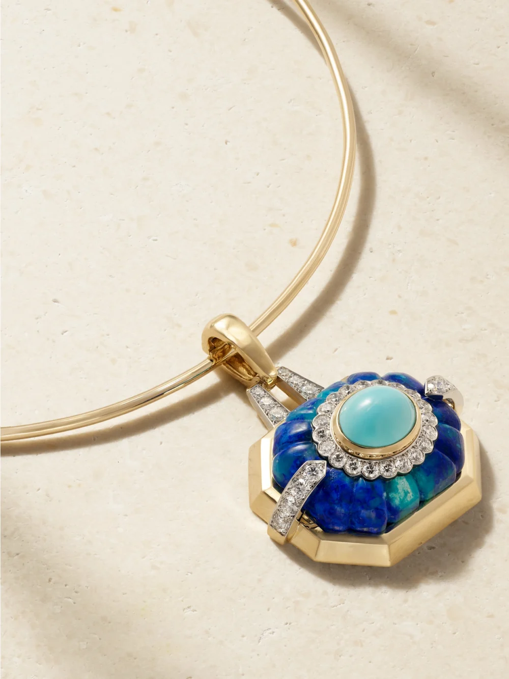 Close-up detail of the David Webb 18-karat Gold and Platinum, Diamond, Turquoise and Azurmalachite Necklace