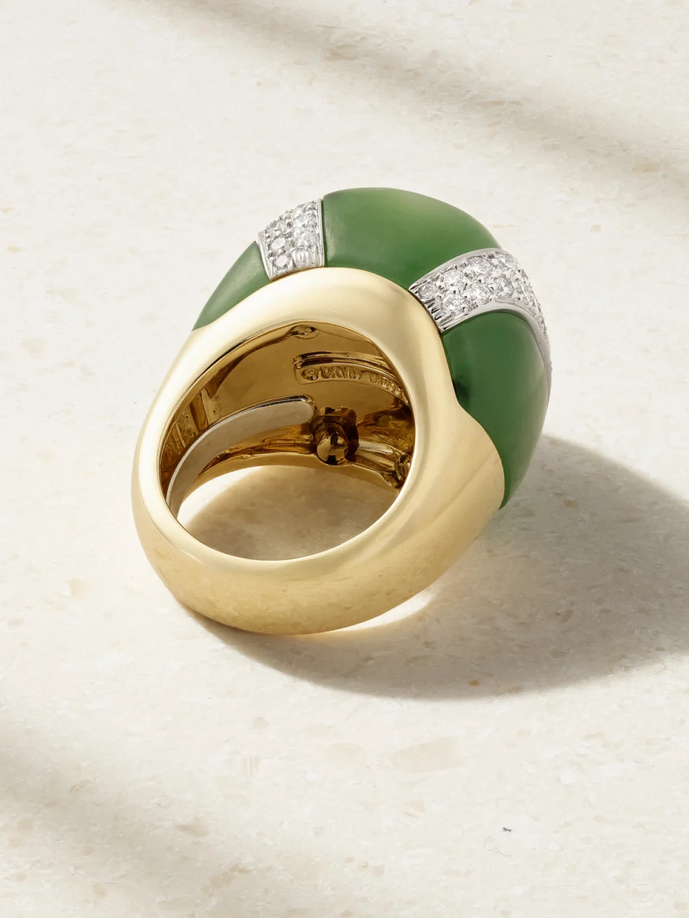 Back view of the David Webb Double Stripe 18-karat Gold and Platinum Topaz, Jade and Diamond Ring