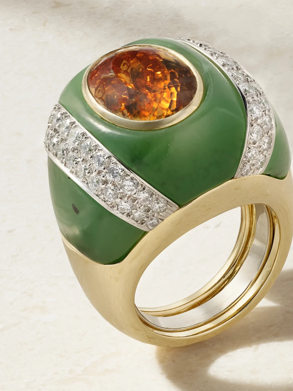 Close-up detail of the David Webb Double Stripe 18-karat Gold and Platinum Topaz, Jade and Diamond Ring