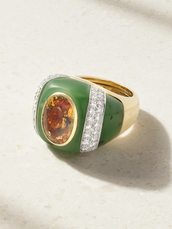 David Webb Double Stripe 18-karat Gold and Platinum Topaz, Jade and Diamond Ring