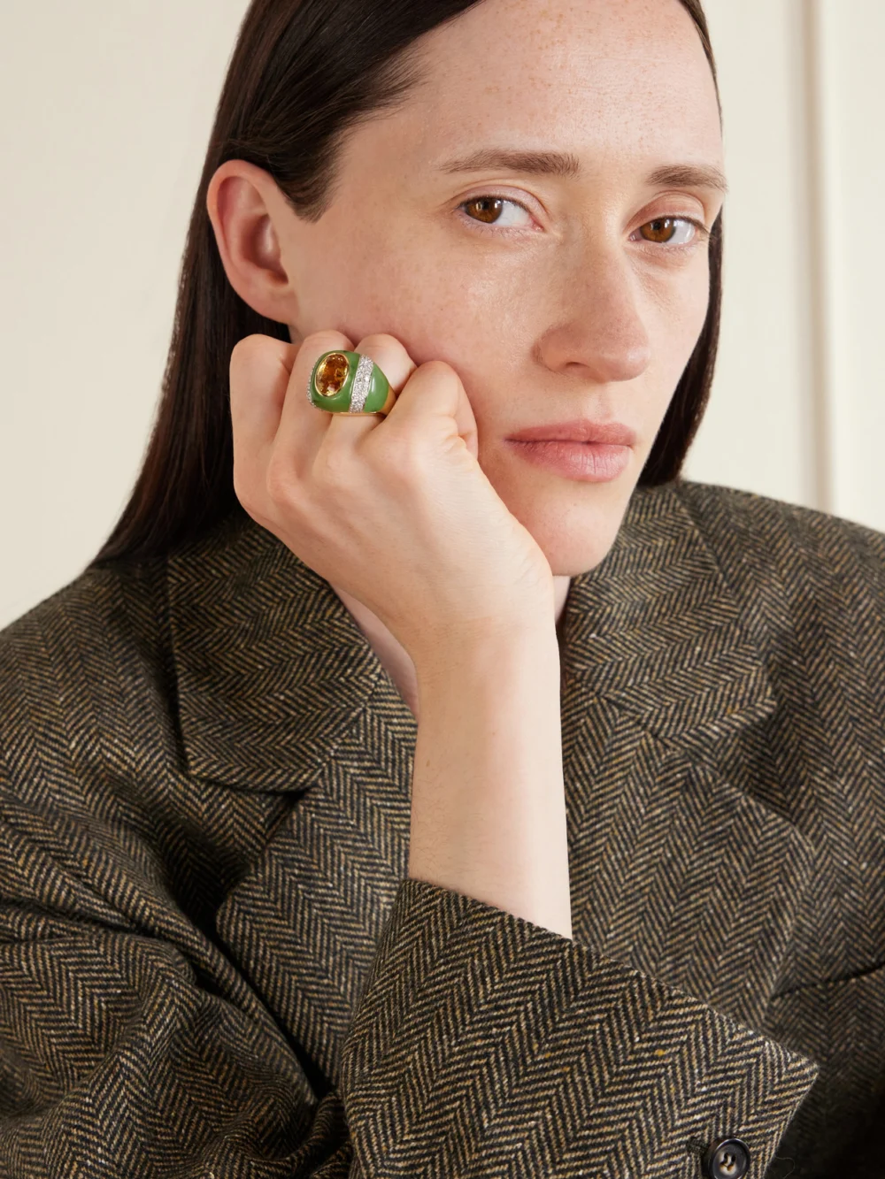 David Webb Double Stripe 18-karat Gold and Platinum Topaz, Jade and Diamond Ring, styled view