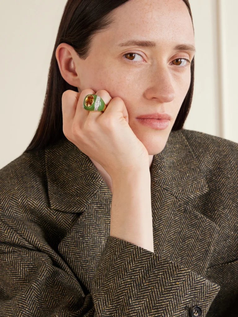 David Webb Double Stripe 18-karat Gold and Platinum Topaz, Jade and Diamond Ring