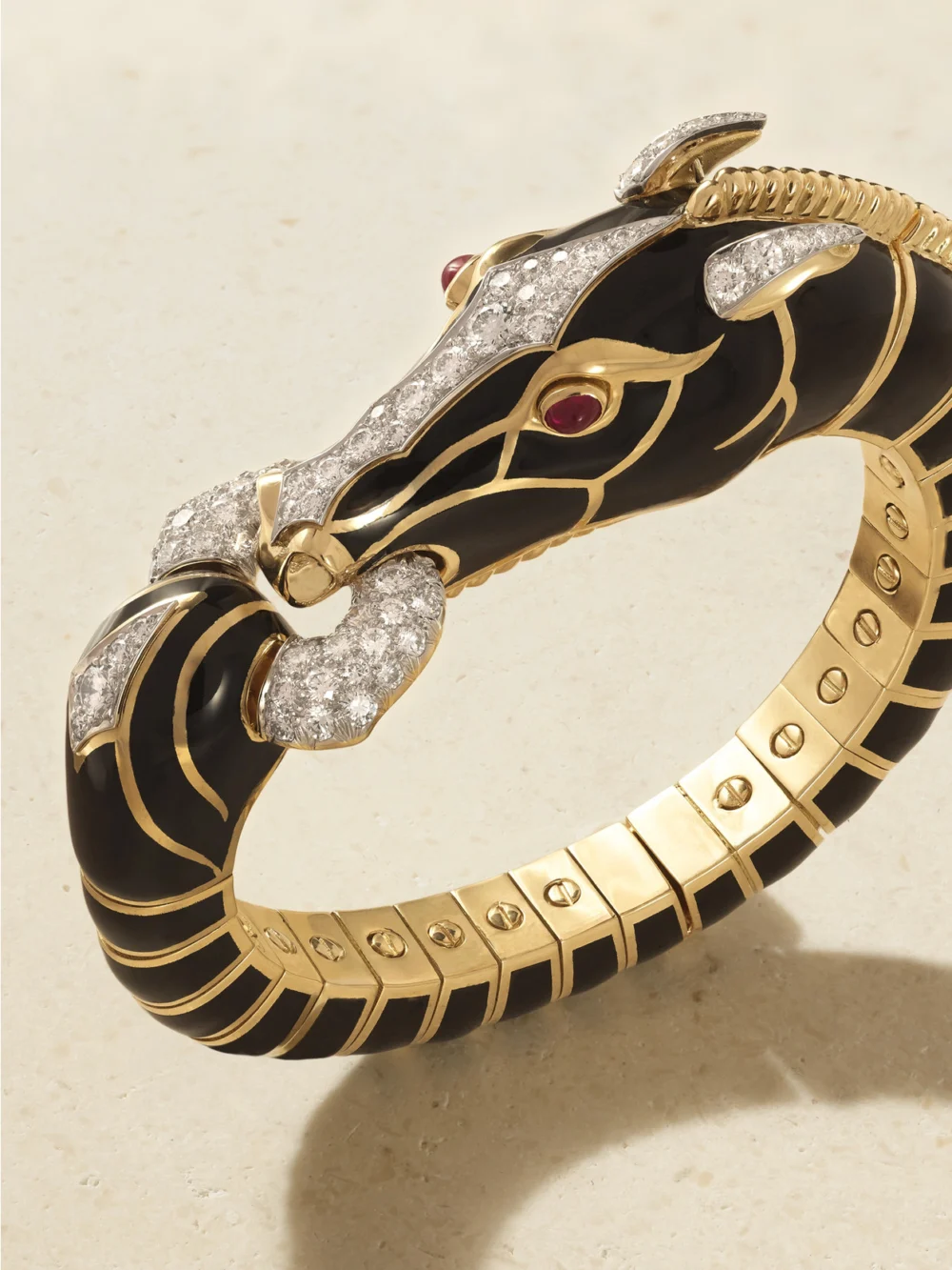 Close-up detail of the David Webb Horse 18-karat Gold and Platinum, Diamond, Ruby and Enamel Bangle