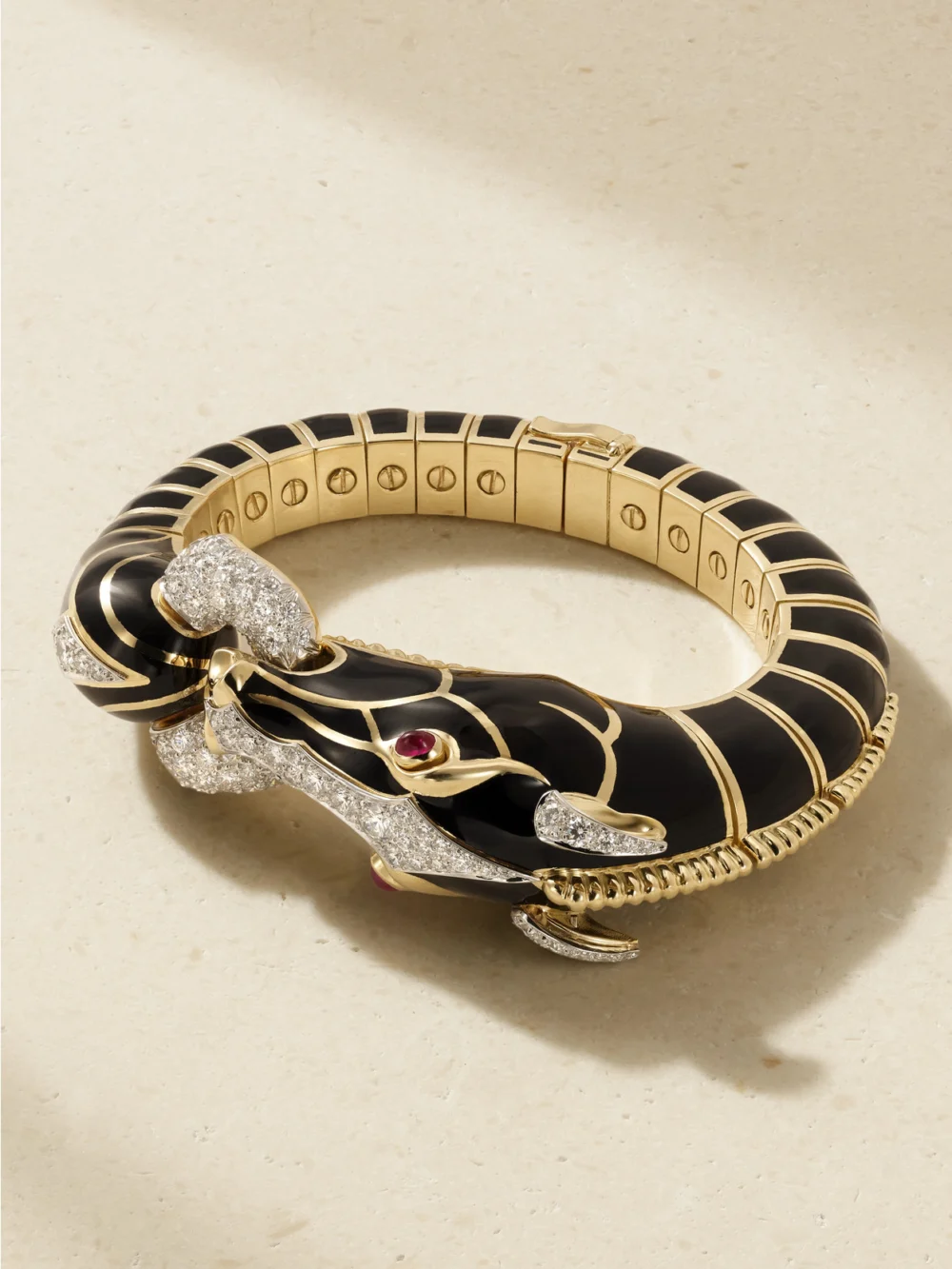 David Webb Horse 18-karat Gold and Platinum, Diamond, Ruby and Enamel Bangle in black