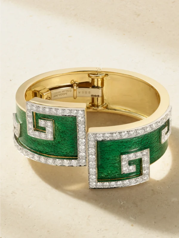 David Webb Scroll 18-karat Gold and Platinum, Diamond and Enamel Bangle