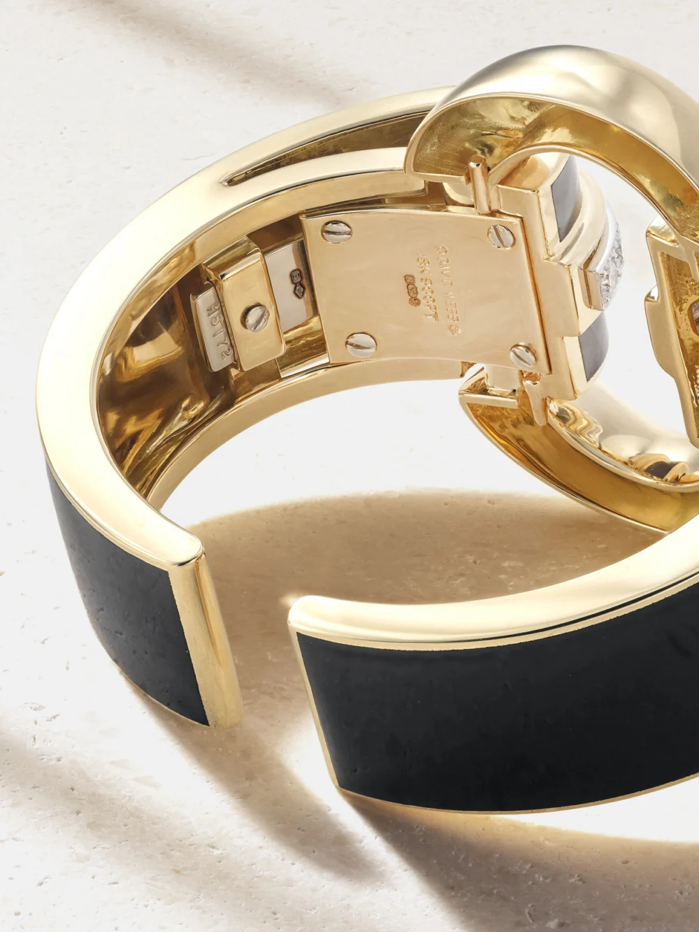 Back view of the David Webb Strap 18-karat Gold, Platinum, Diamond and Enamel Cuff