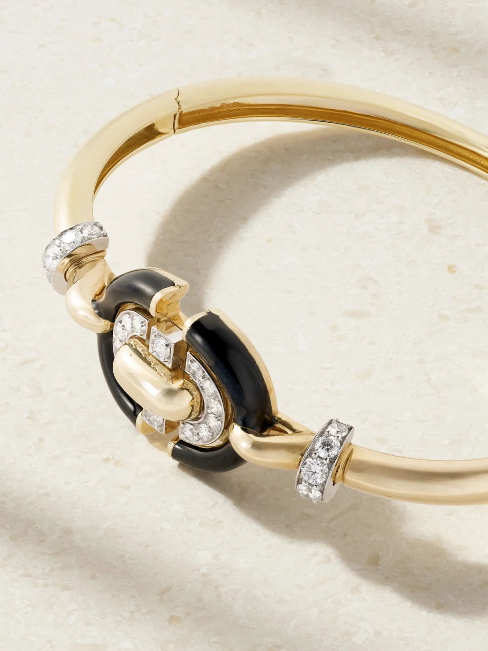 Close-up detail of the David Webb Unity 18-karat Gold and Platinum, Diamond and Enamel Bracelet