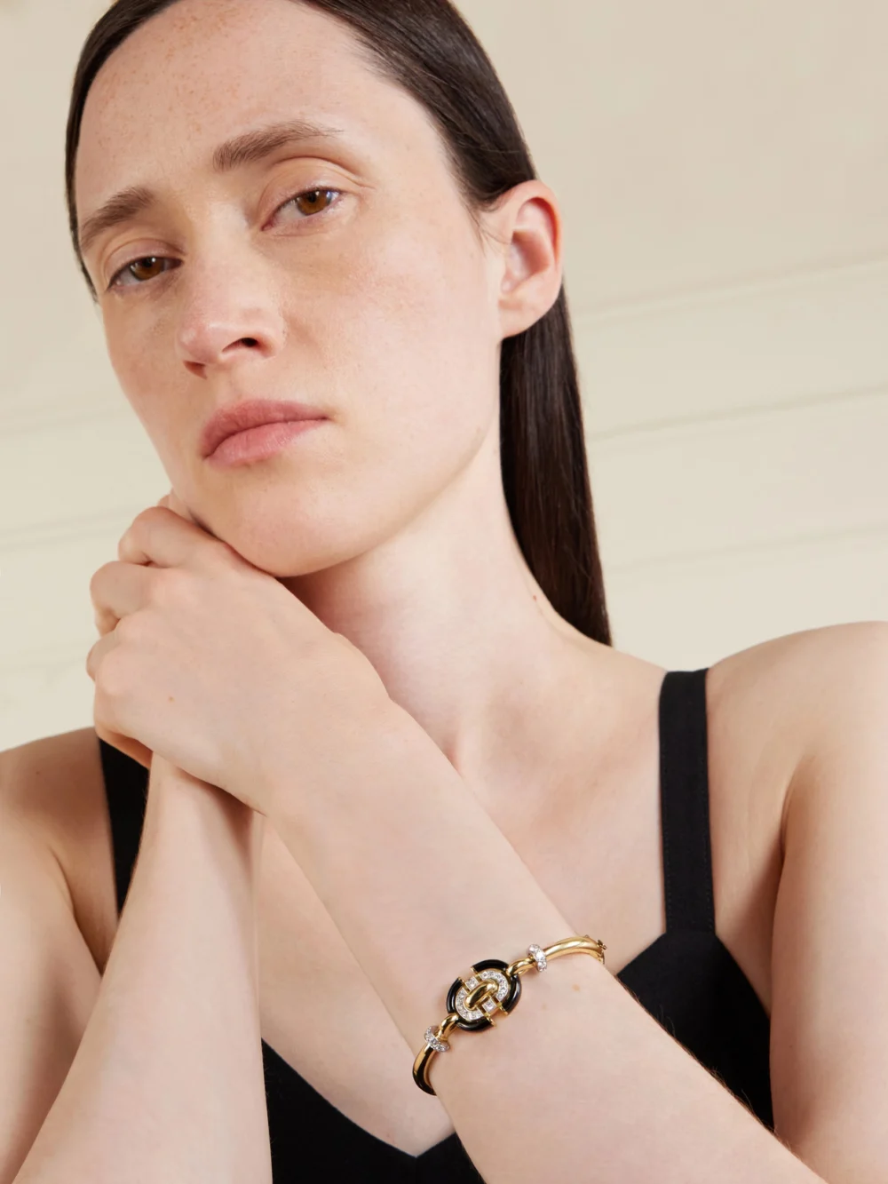 David Webb Unity 18-karat Gold and Platinum, Diamond and Enamel Bracelet, styled view