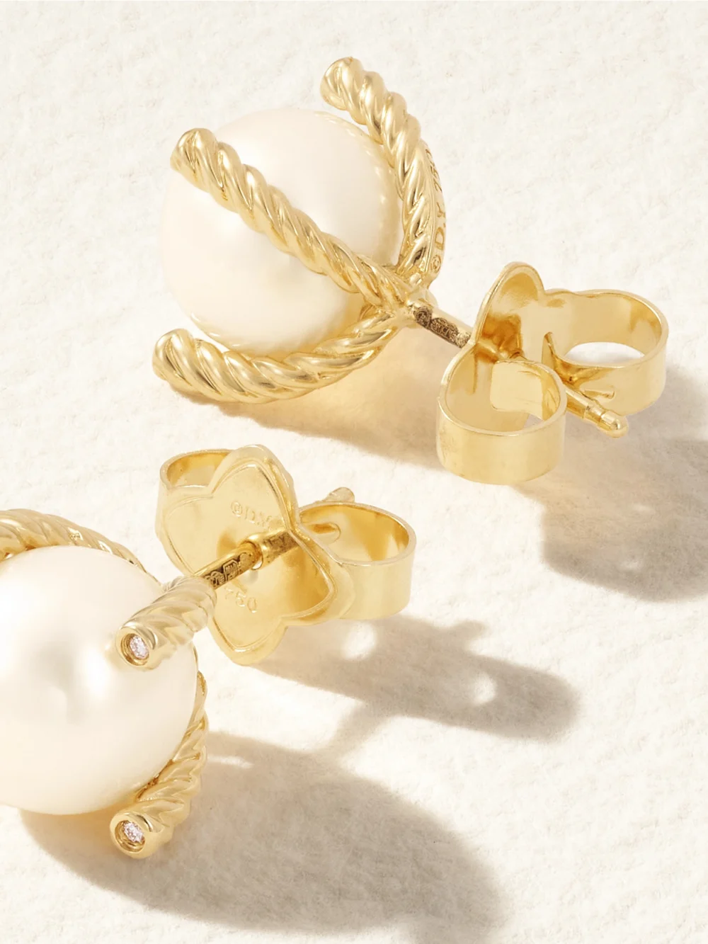 Close-up detail of the David Yurman Cable Collectibles 18-karat Gold, Pearl and Diamond Earrings