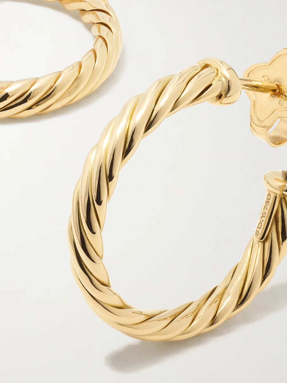 Close-up detail of the David Yurman Cable Spira 18-karat Gold Hoop Earrings