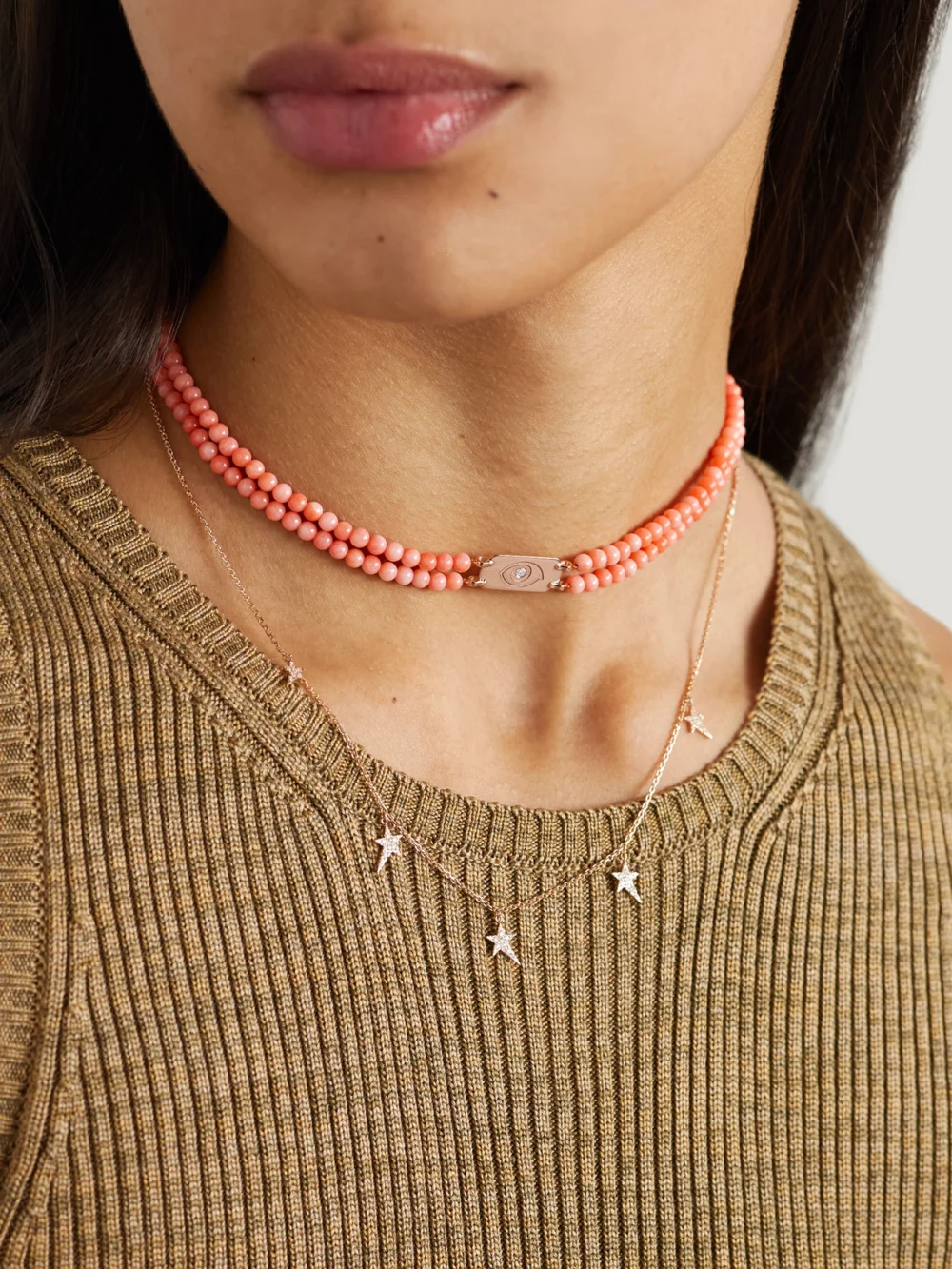 Diane Kordas Id 14-karat Rose Gold, Bead and Diamond Choker, styled view