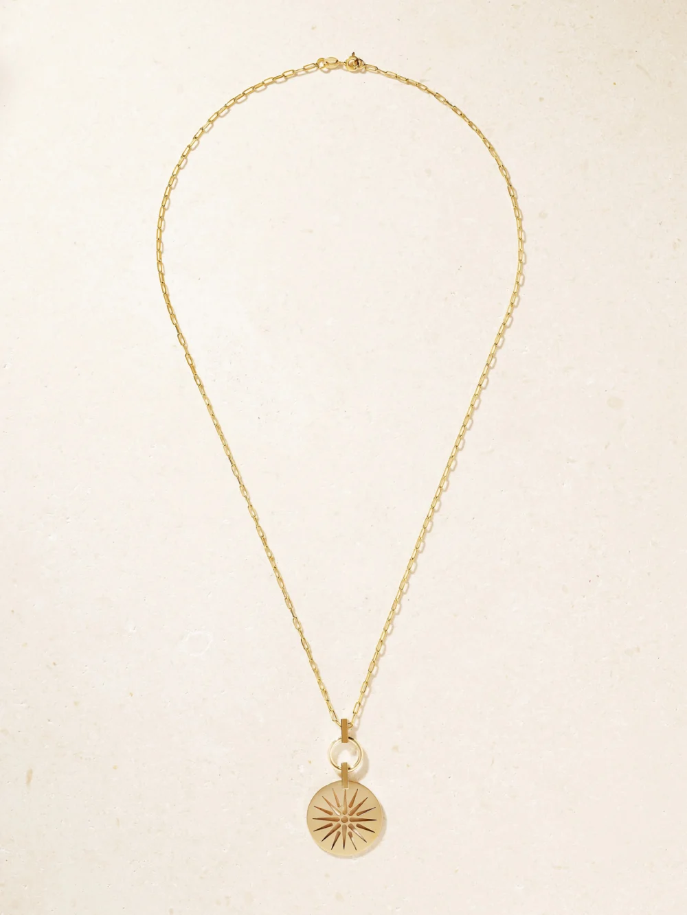 Close-up detail of the Diane Kordas Vergina Sun Nomad 14-karat Gold Pendant Necklace