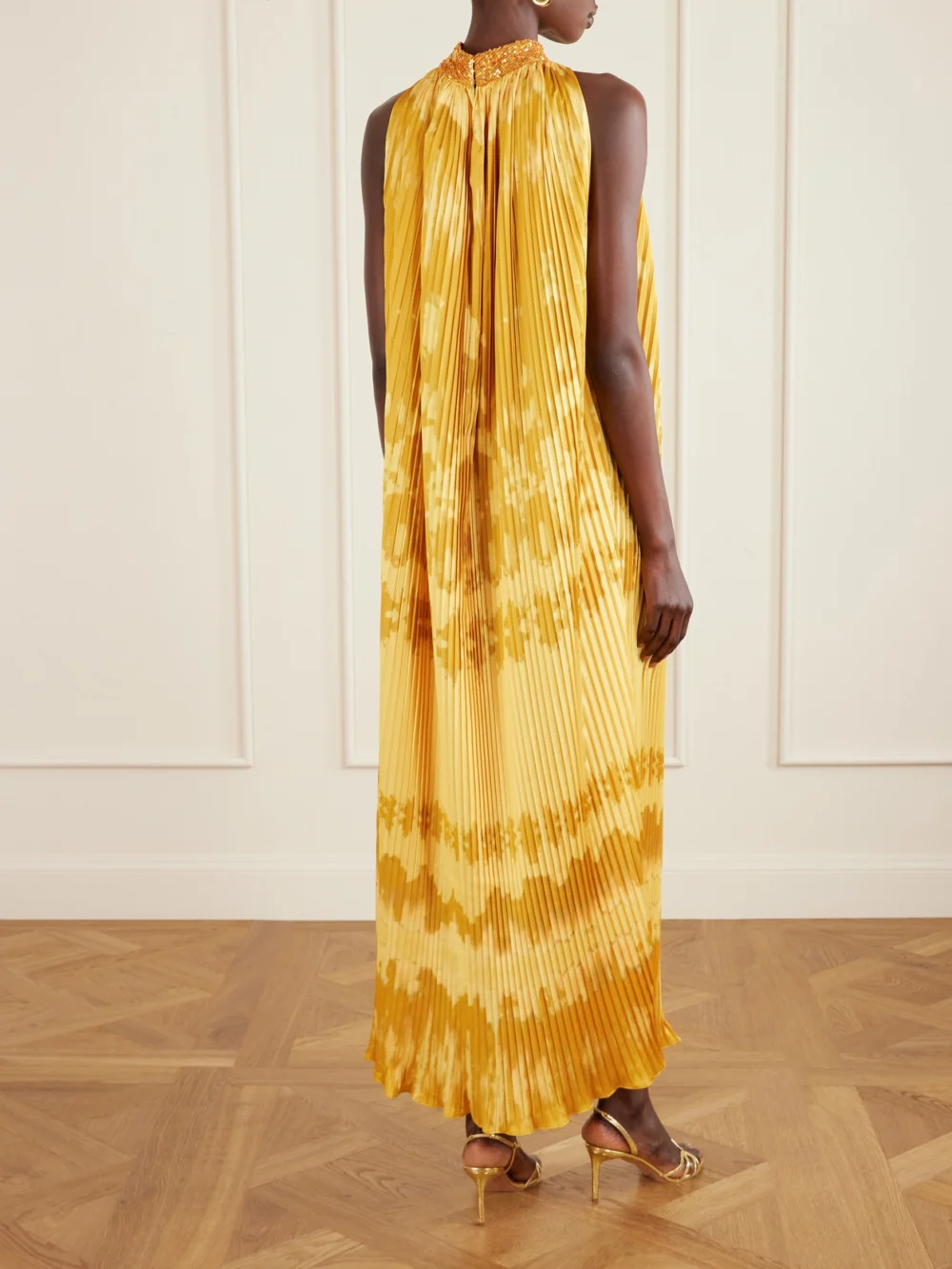 Back view of the Dima Ayad Embellished Tie-dyed Plissé-satin Gown
