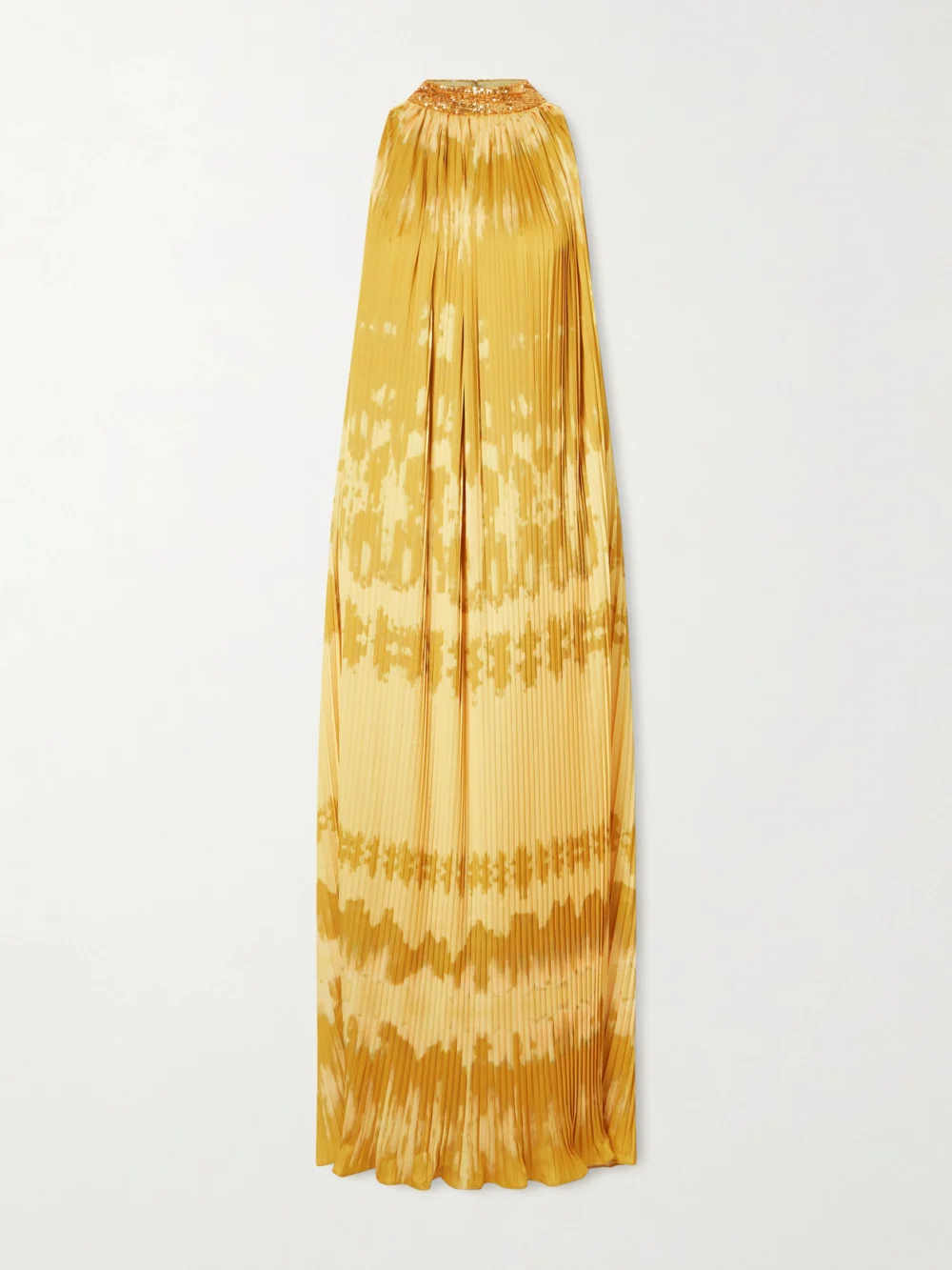 Dima Ayad Embellished Tie-dyed Plissé-satin Gown in yellow