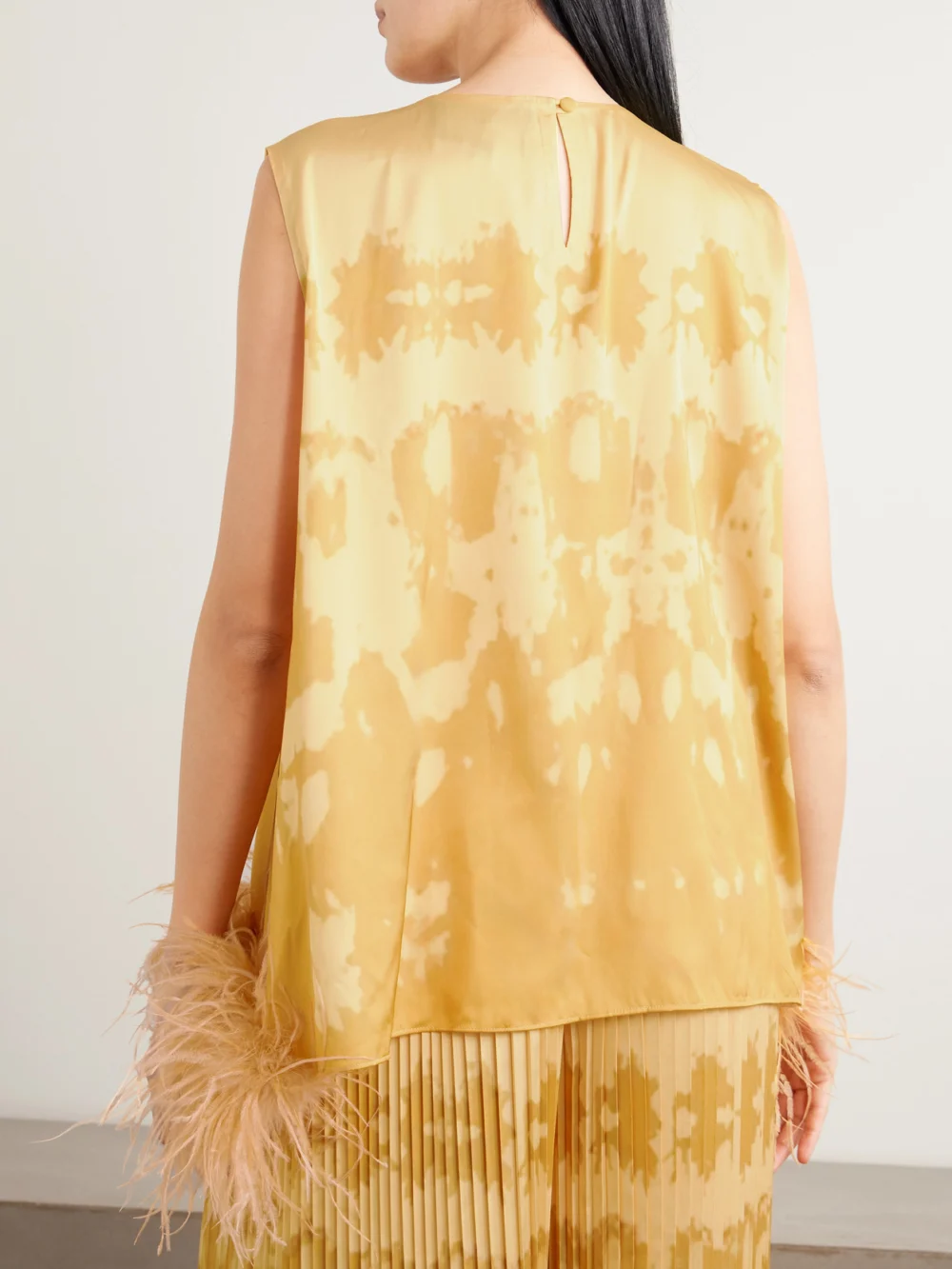 Back view of the Dima Ayad Feather-trimmed Tie-dyed Satin Top