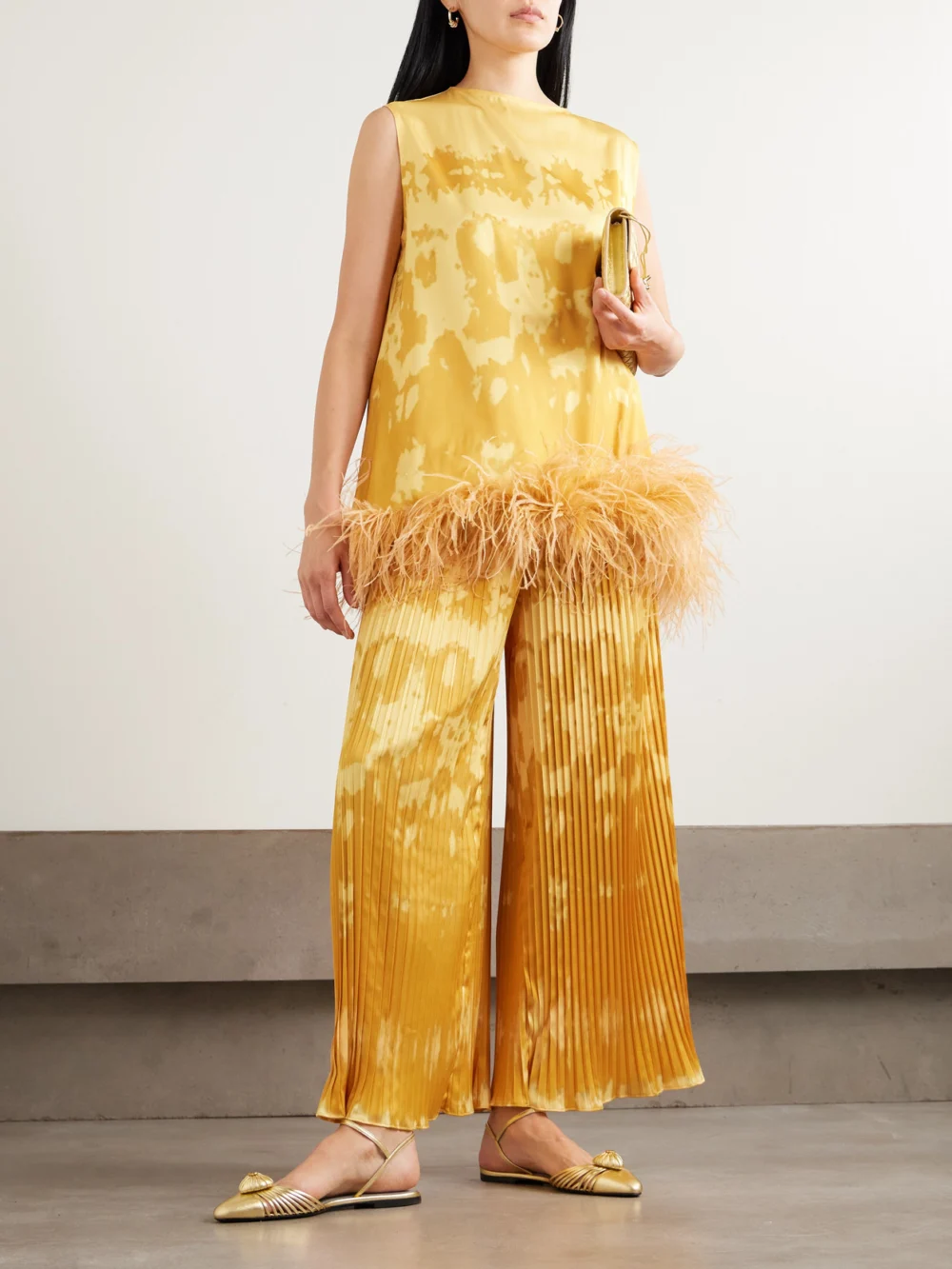 Dima Ayad Feather-trimmed Tie-dyed Satin Top, worn by a model