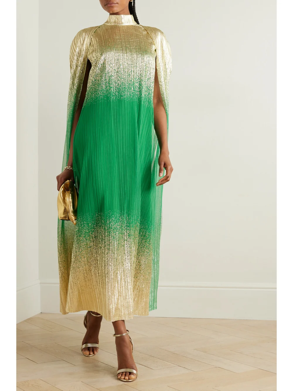 Dima Ayad Metallic Plissé-tulle Gown and Cape Set, worn by a model