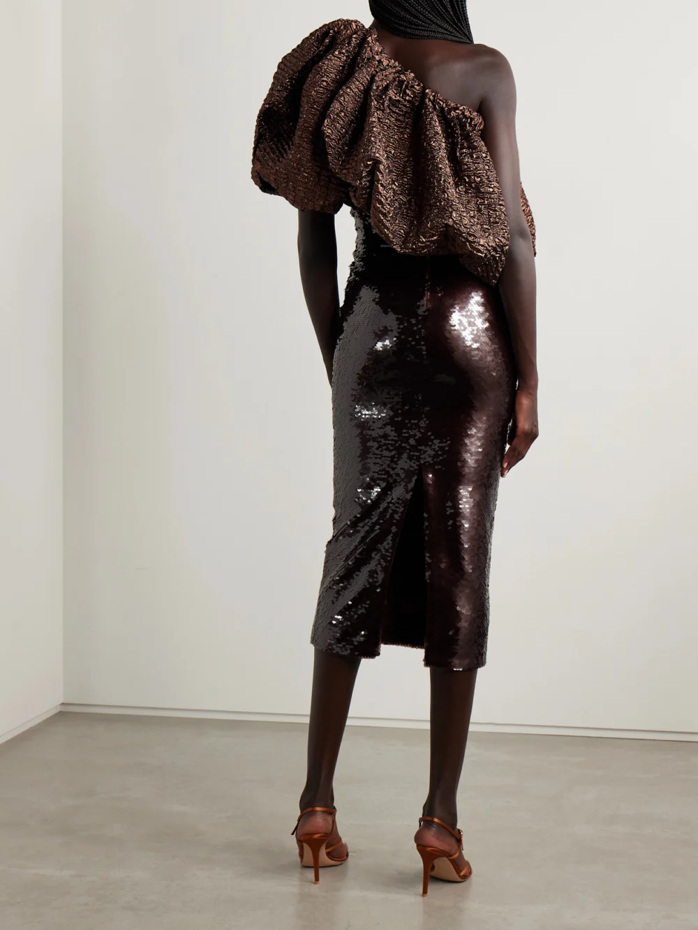 Back view of the Dima Ayad One-shoulder Metallic Cloqué-trimmed Sequined Satin-jersey Midi Dress